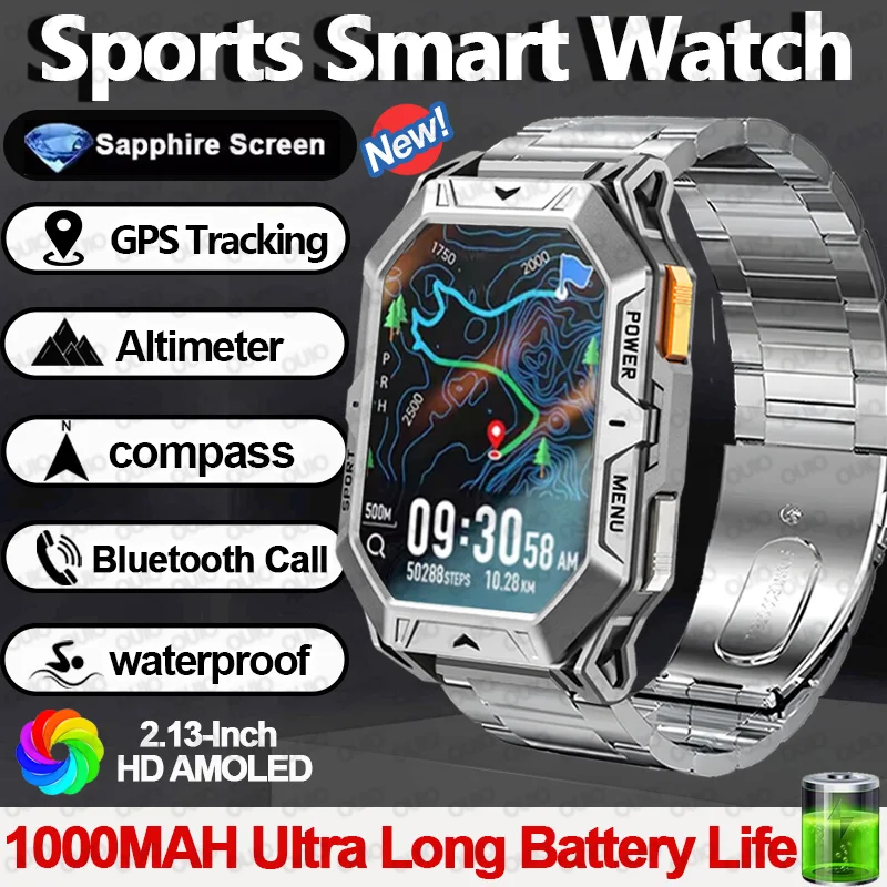 

Уличные умные часы 2025 года, 2,13-дюймовый HD-экран, аккумулятор 1000 мАч, длительный срок службы, больше циферблат, водонепроницаемый компас, умные часы в спортивном режиме