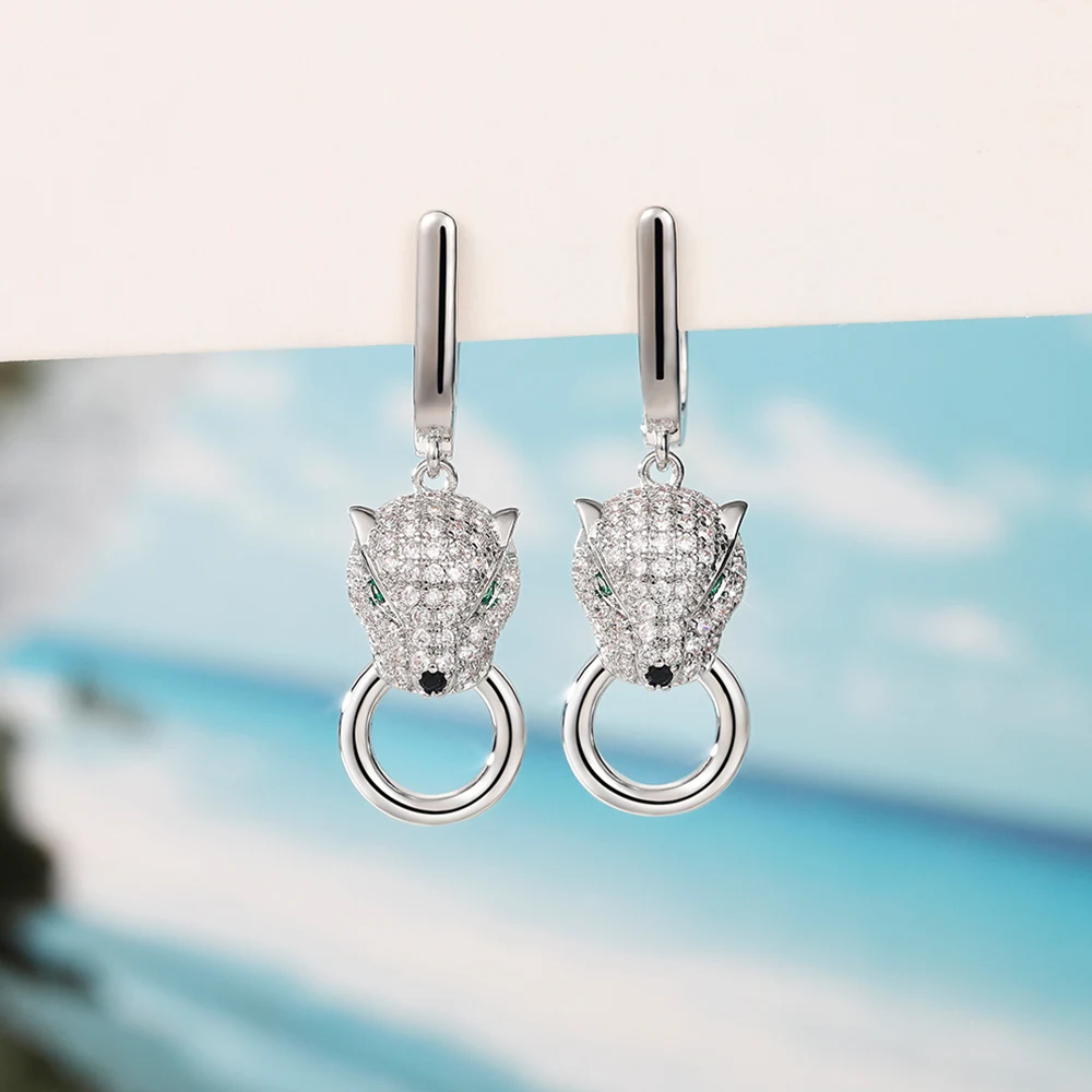 Huitan Hip Hop Green Eyes Leopard Earrings for Women Luxury Silver Color Full Paved CZ Personality Lady Accessories Rock Jewelry view 3