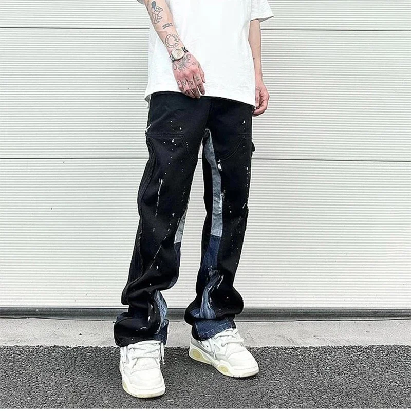 

Hip Hop Contrast Color Splice Speckled Ink Paint Micro Flared Jeans for Men Straight Baggy Y2K Denim Trousers Oversized Cargos