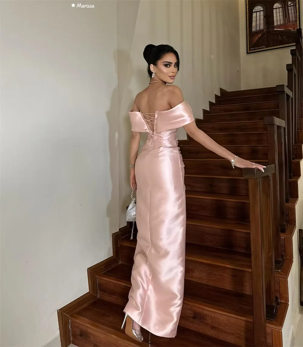 Marissa gloss cetim vestidos de noite d/festa personalizado rosa cruz cauda de peixe elegante vestido longo com decote em v mangas curtas vestidos de baile