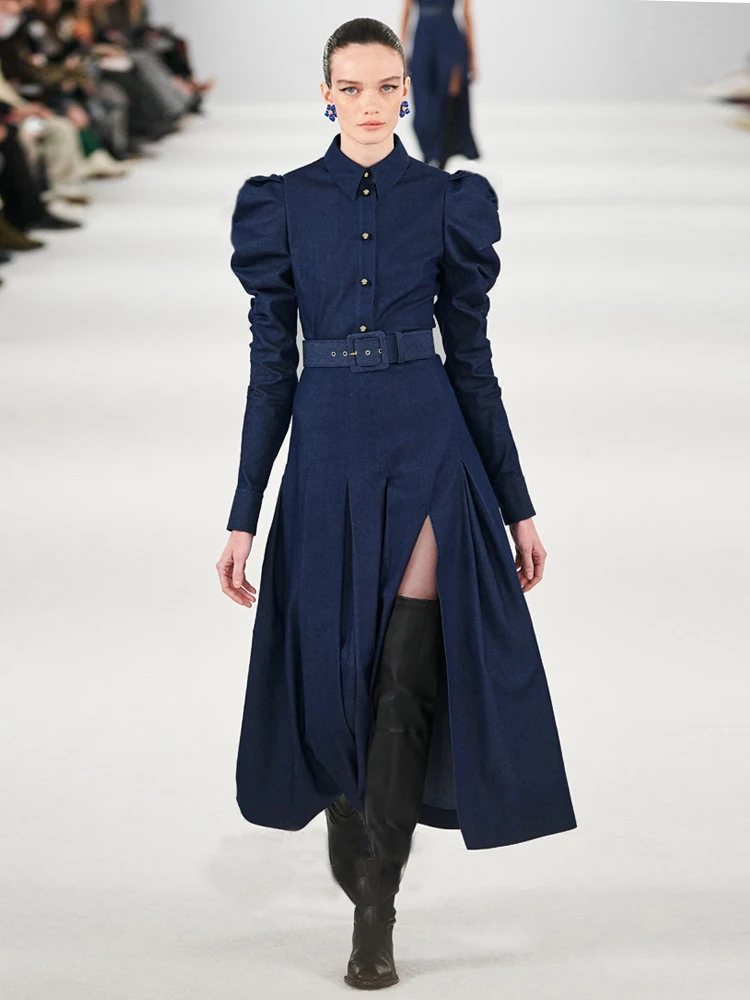 

New High Quality Spring Autumn Ladies Navy Blue Street Vintage Elegant Fashion Celebrity Celebrity Runway Casual Party Dress