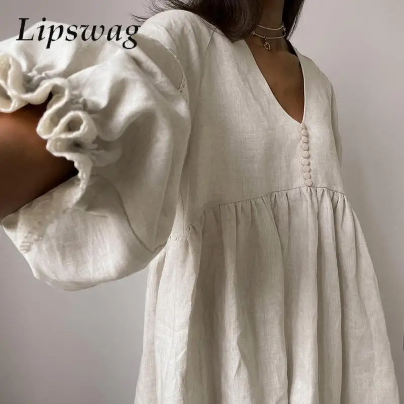 Summer Cotton Linen French Style Dress Commuter Fashion Patchwork Lace Casual Loose Dress Women Sexy V Neck Lantern Sleeve Dress