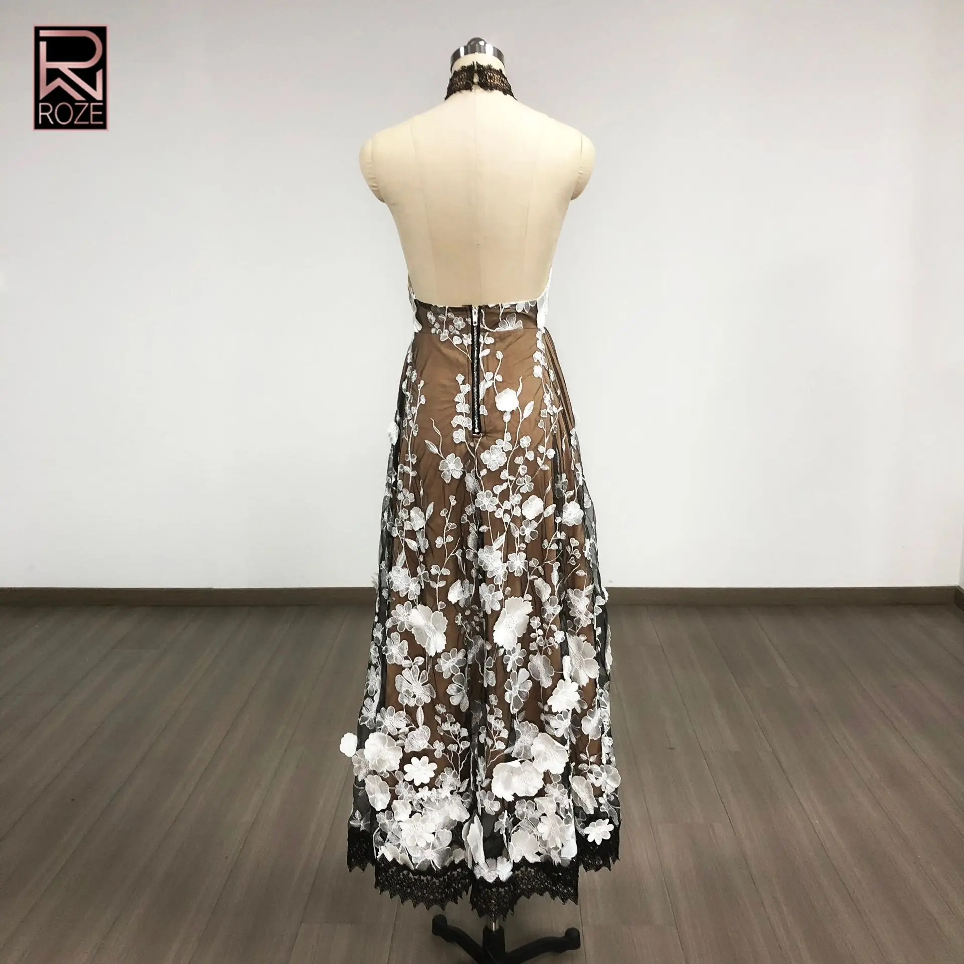 Robe dos nu florale collage – Robe dos ouvert et cintrée à la taille, robe d'ouverture de galerie