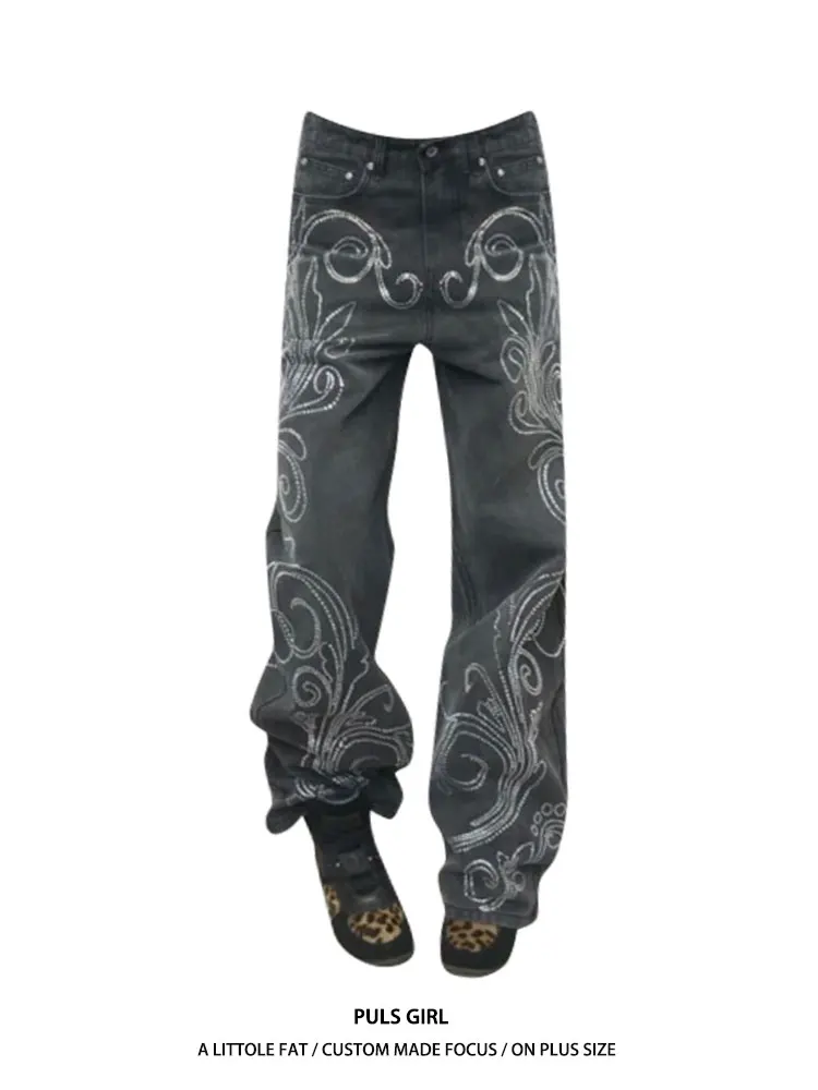 

Ретро-джинсы в американском стиле с эффектом потертости и стразами, женские свободные широкие брюки с высокой талией, повседневные, в уличном стиле