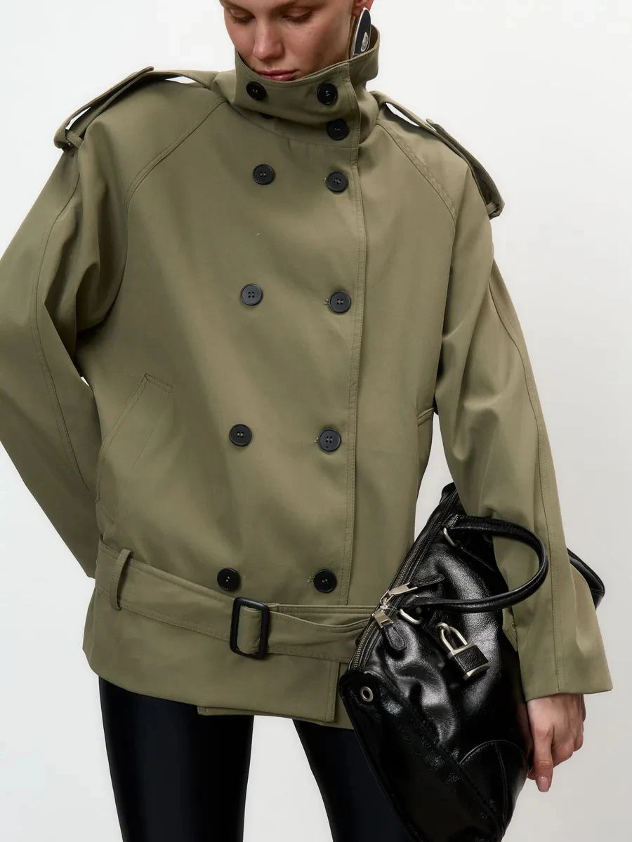 2026 Autumn Winter Women Jacket High Stand Collar Double Breasted Belted Epaulet Raglan Sleeve Short Coat