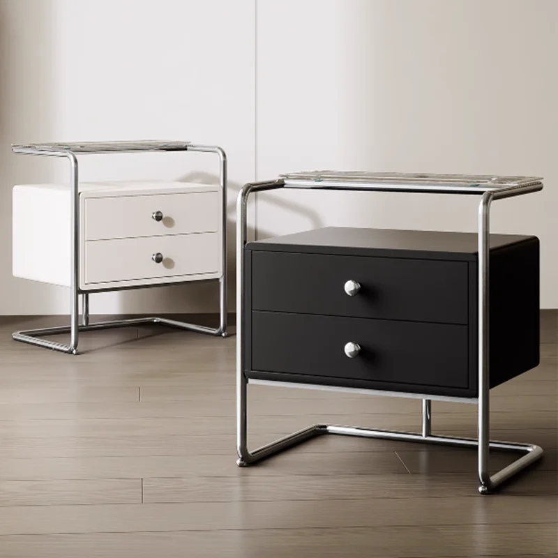 

Organizer Bedroom Nightstands Black Glass Metal White Modern Bed Table Cabinet Storage Mesitas De Noche Home Furniture