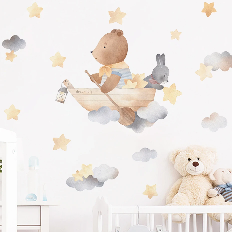 Cartoon Bear Rowing Stars Clouds Wall Stickers for Kids Room Baby Nursery Wall Decals Bedroom Living Room Home Decor Murals