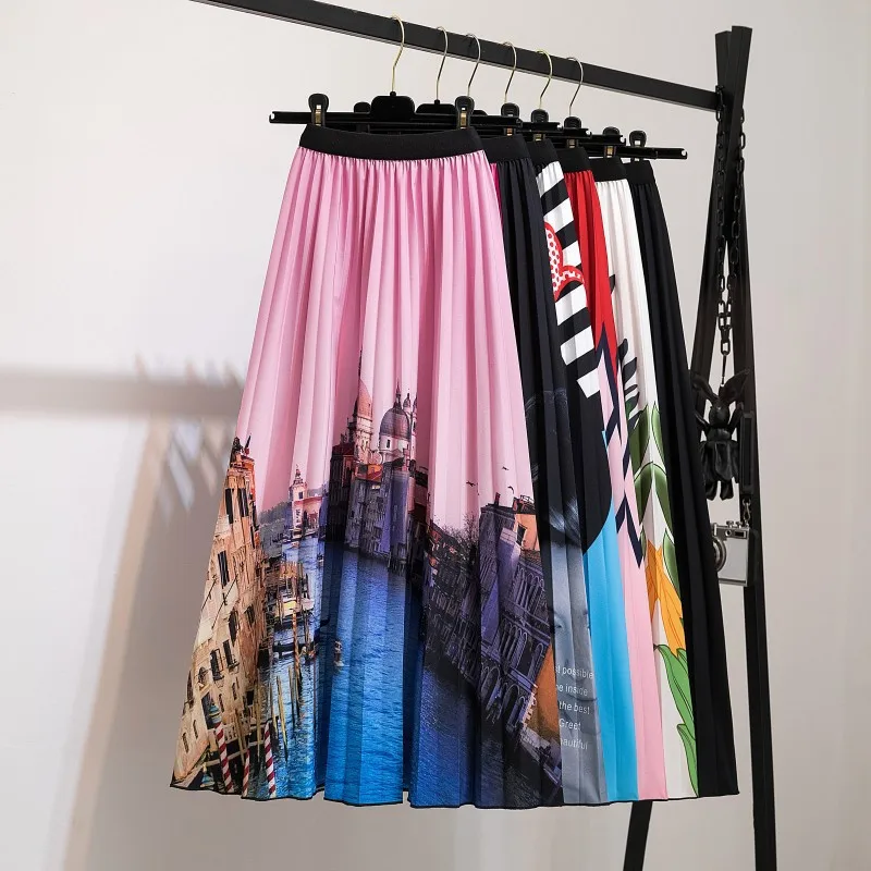 

2023 New Summer Pleated Skirts Womens Fashion European Cartoon Print Mid-Calf Elastic Waist High Quality Midi Long Skirt