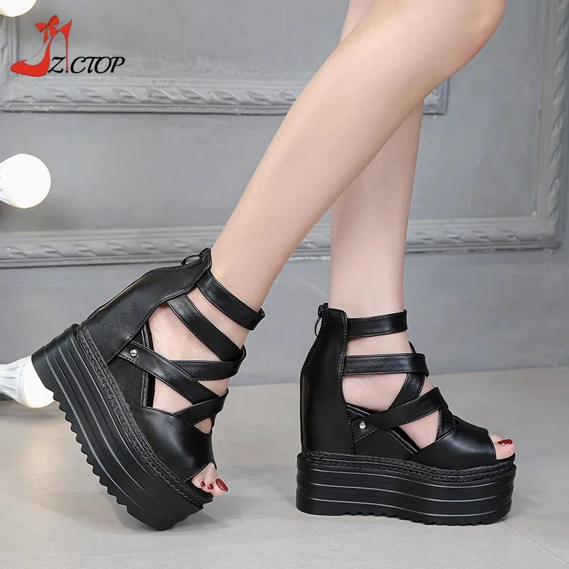 Summer Wedges Thick Bottom Sandals Women Fashion Platform Increase Height Peep Toe Sandals 13cm Super High Heels Black White