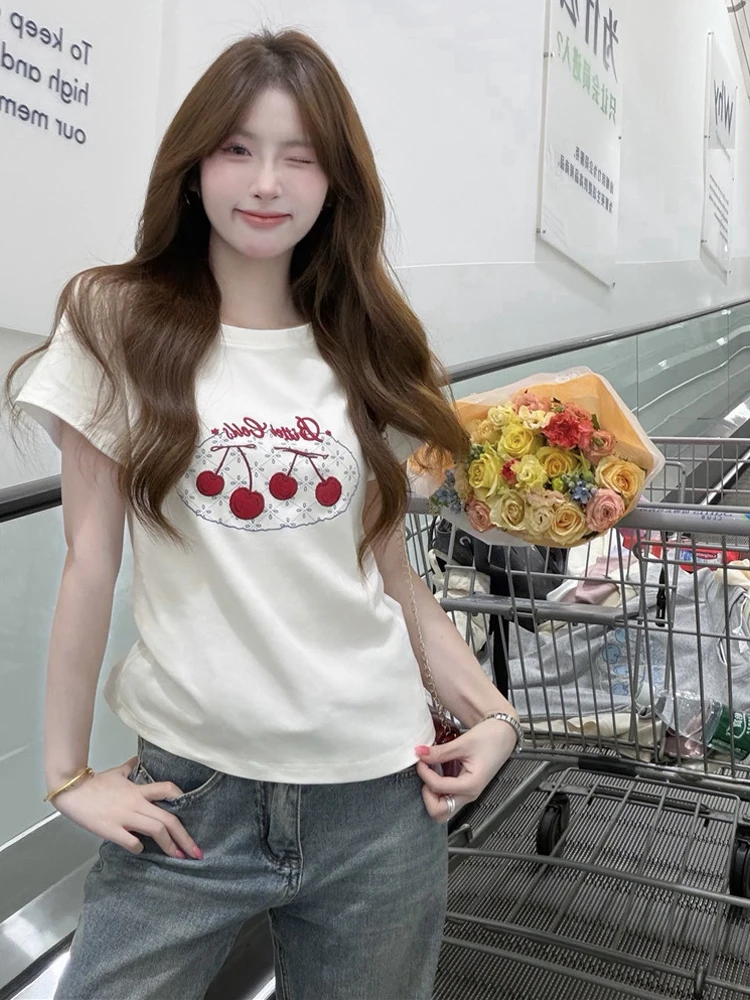

Summer New Women's Slim Fit Short Sleeve T-shirt Embroidered Color Block Letters Sweet Style Korean Fashion round Neck Short ...