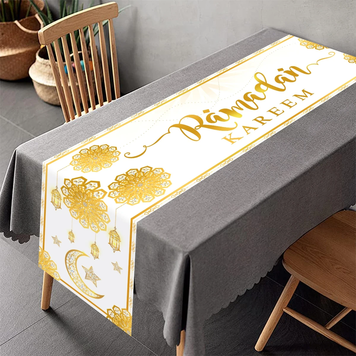مفرش طاولة رمضان كريم من الذهب الأبيض ديكور رمضان للمنزل 2026 لوازم الحفلات الإسلامية هدايا عيد مبارك الأضحى