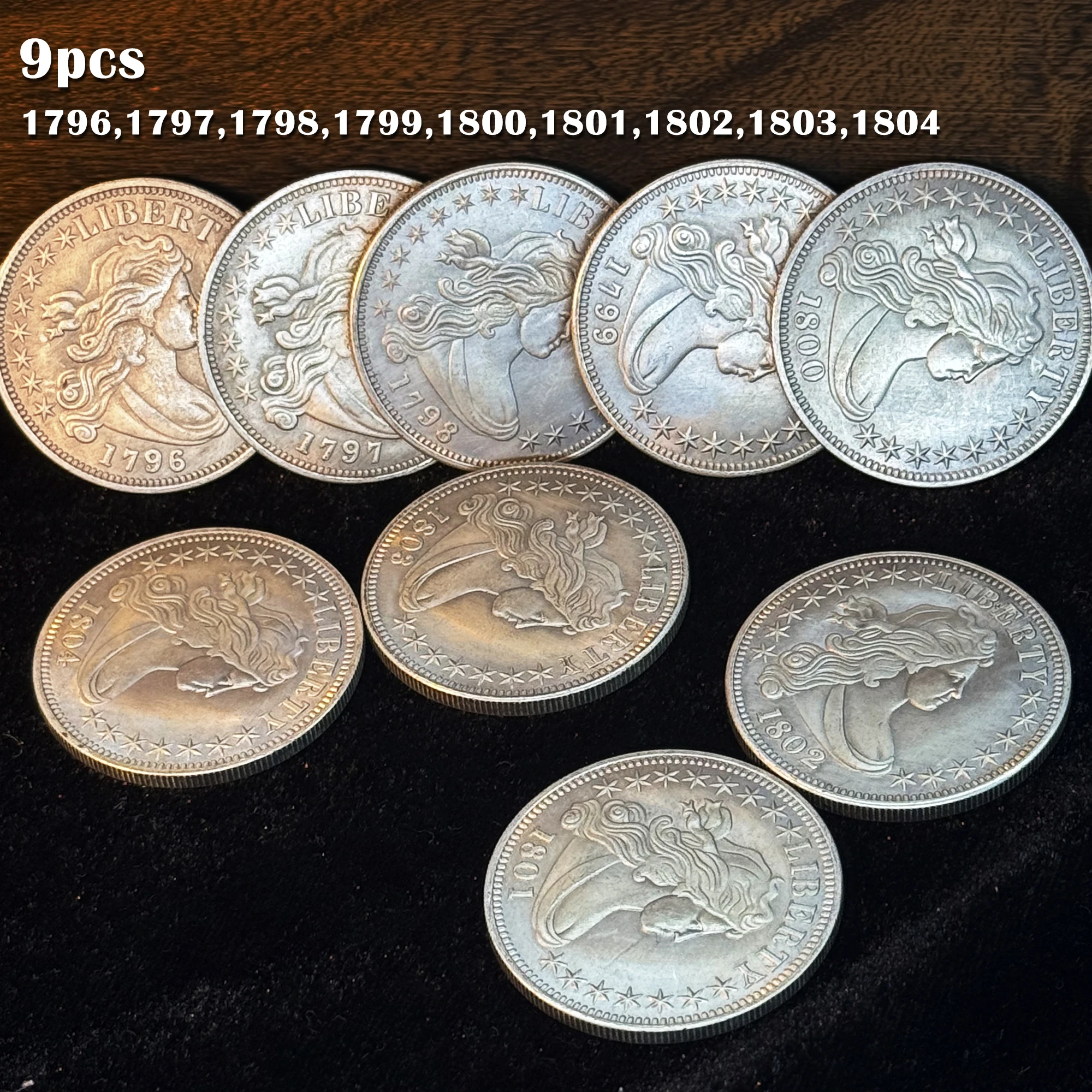 

9pcs/Set US 1796-1804 Statue of Liberty Replica Coins - Gold Antique 39.8mm Eagle Medal, Home Decor, Collection & Gift for Coin