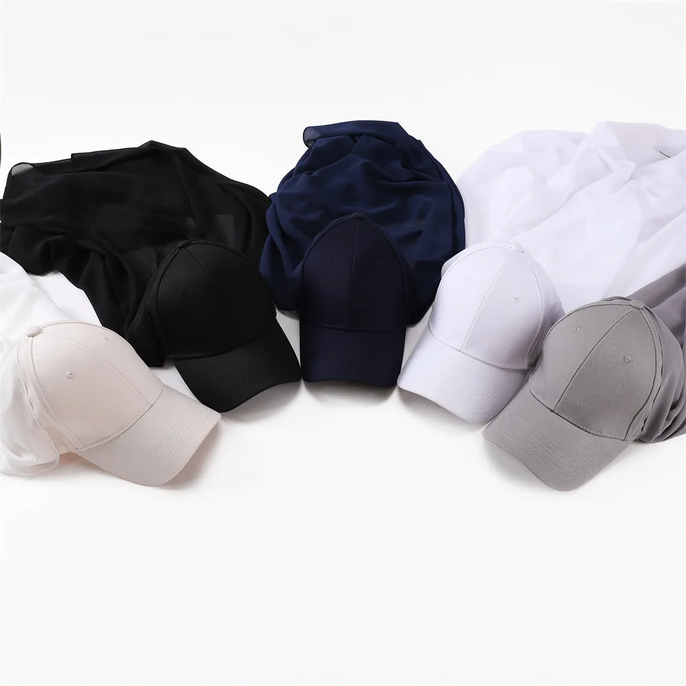 Musilm Women Chiffon Hijab With Base Ball Cap Summer Sports Cap with Chiffon HIjabs Ready To Wear Instant Chiffon Sport HIjabs