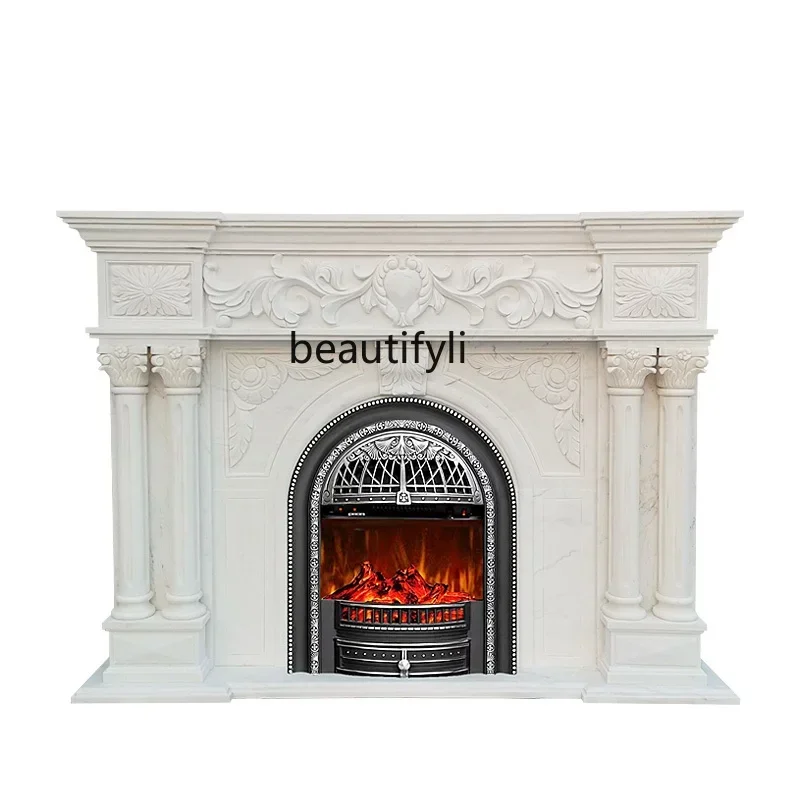 T Marble Fangshan white marble mantel, French European-style villa living room stone carving decorative cabinet