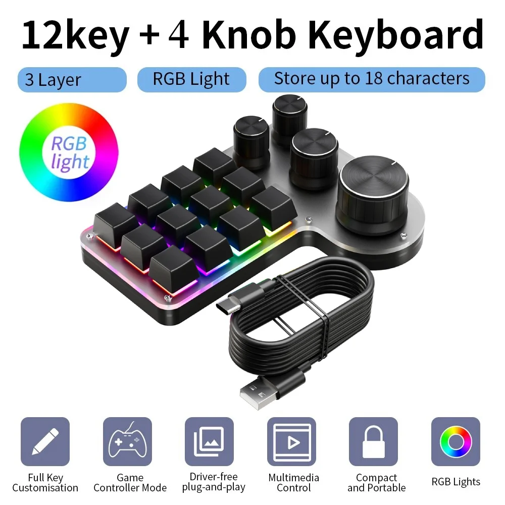 Ammtoo Programming Macro Custom Keyboard 12 Key 3 Knobs RGB 18 Character One Key Password Copy Paste Mechanical Hotswap Keypad