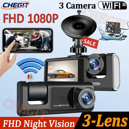 Imagen 1 del producto Cámara 2/3 1080P WIFI Dash Cam para coches, frente doble e interior, cámara de coche con visión nocturna IR, gran angular, grabación en bucle DVR para coche