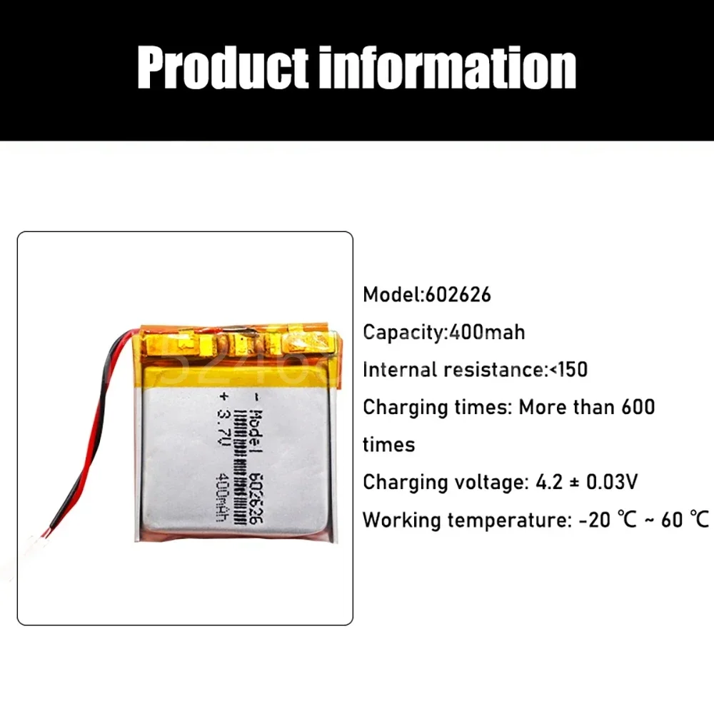602626   Batería recargable de polímero de litio de 400mah, células Lipo de 3,7 V para MP3, MP4, GPS, grabadora de coche, auriculares Bluetooth, baterías de juguete