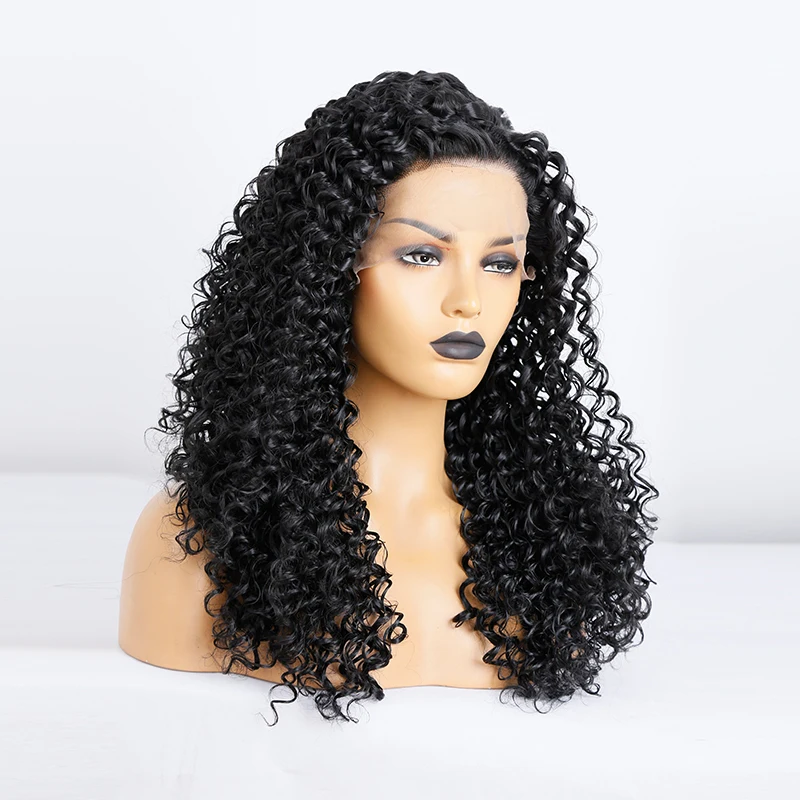 Perruque Lace Front Wig synthétique bouclée haute densité pour femmes, perruque naturelle 10% mixte sans colle, résistante à la chaleur, pre-plucked avec baby Hair