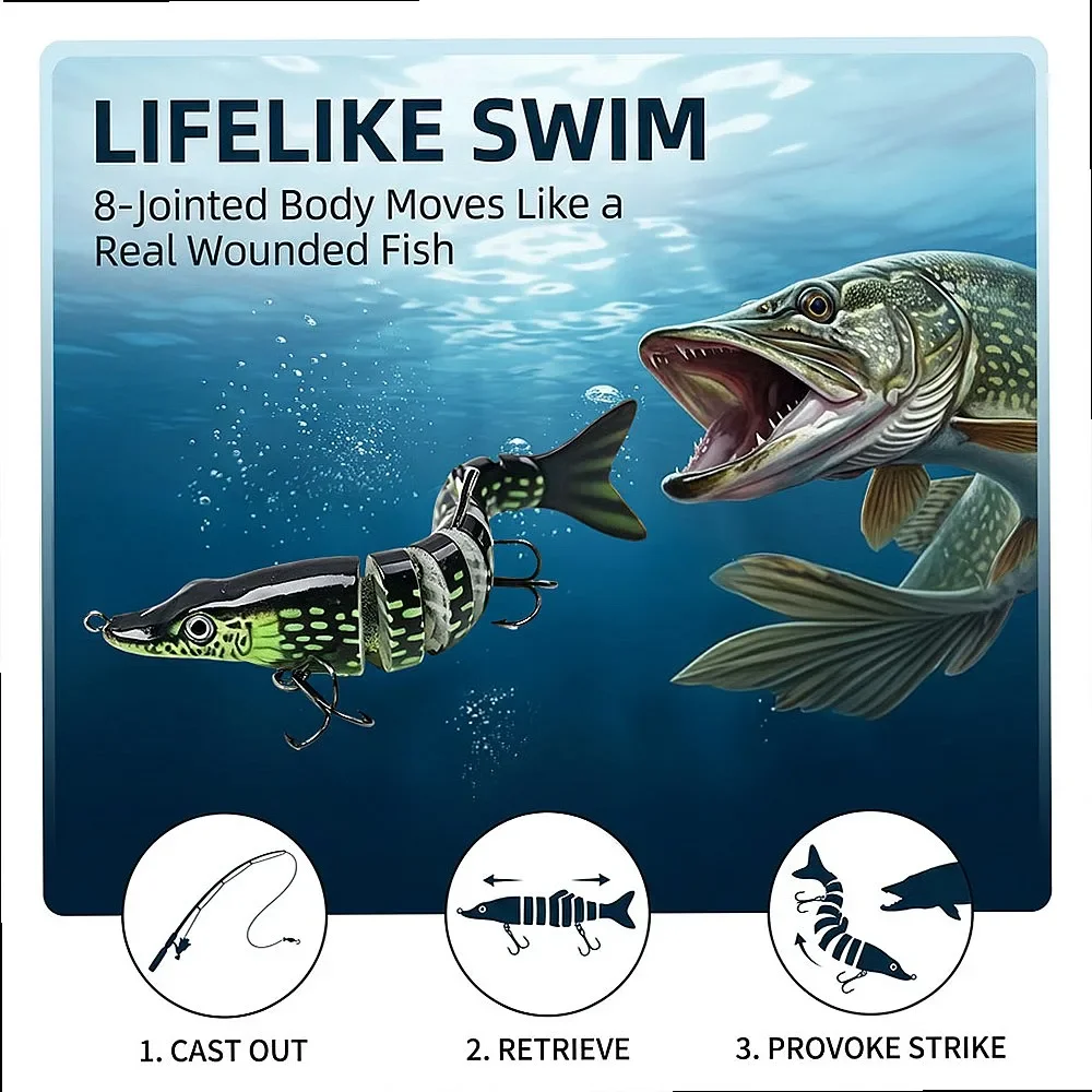 8-Jointed Swimbait Hard Lure Pike Bait 3/5/10 Pack Multi Section Sinking Wobbler Rattle 3D Eyes for Bass Musky in River Current