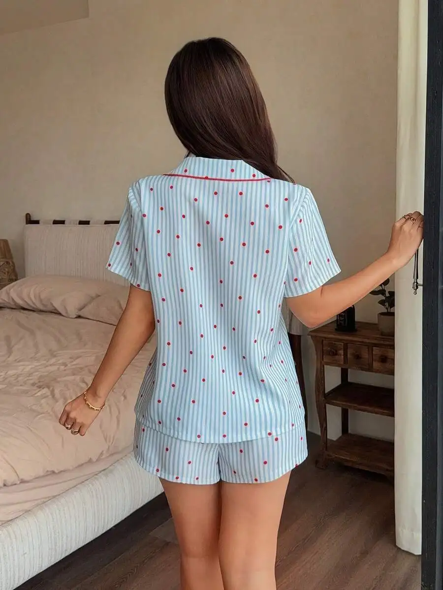 

Blue Striped Red Polka Dot Short Sleeve Collared Pajama Set Loose Fit Women