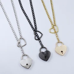 Womens Slip Chain Necklace Heart O-Ring Punk Rock Cuban Long Necklace Jewelry Adjustable Lariat Y-Necklace Heart Locker With Key