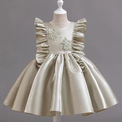HETISO 1-6 Years Girl Princess Dress Ruffle Sleeve Kids Puffy Satin Dresses Children's Ball Gown for Birthday Holiday New Year