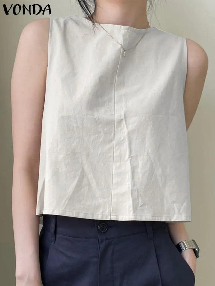 Fashion Blouse 2023 VONDA Women Shirts Summer Sleeveless Both Side Wear Tops Casual Loose Cotton Linen Crop Tops Sexy Blusas