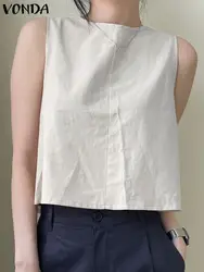 Fashion Blouse 2023 VONDA Women Shirts Summer Sleeveless Both Side Wear Tops Casual Loose Cotton Linen Crop Tops Sexy Blusas