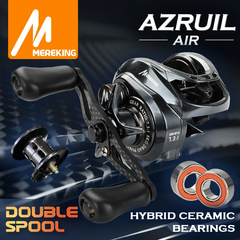 MEREKING AZRUIL Baitcasting Fishing Reel Carbon Fiber Rocker 6+1 Hybrid Ceramic Bearing 7.3:1 Speed Ratio Double Spools Seawater