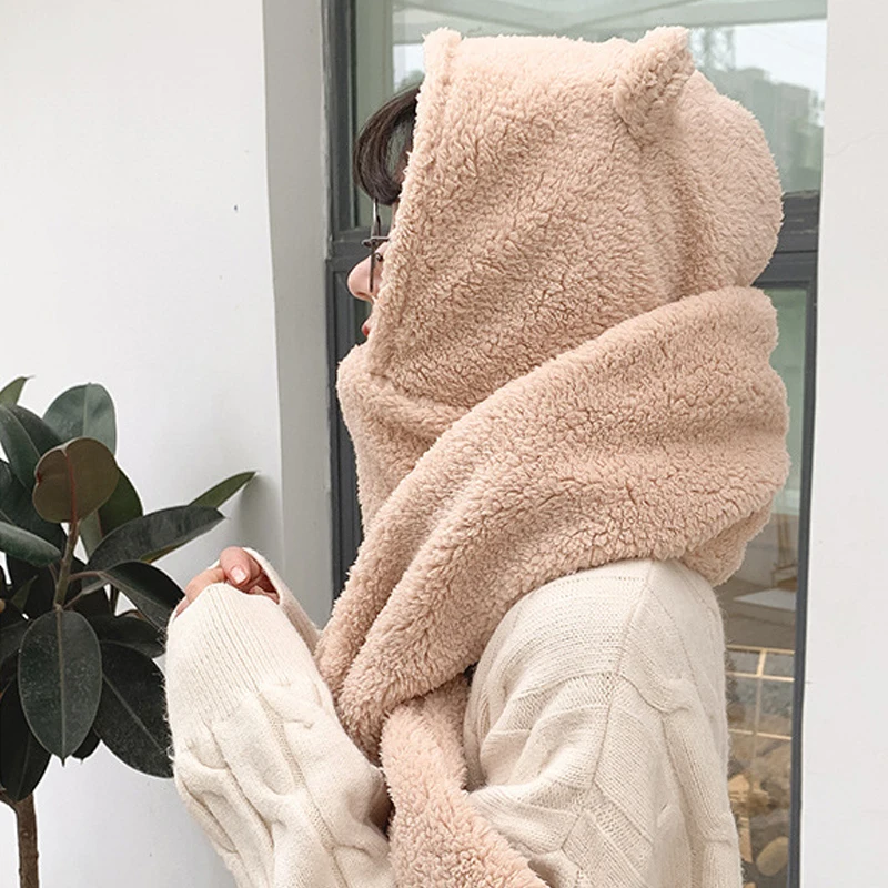 Ensemble de bonnets d'oreille d'ours pour femmes, bonnet monochrome, bonnet chaud en peluche, bonnet de crâne, optique de sourire, écharpe décontractée, cadeau mignon, nouveauté, hiver