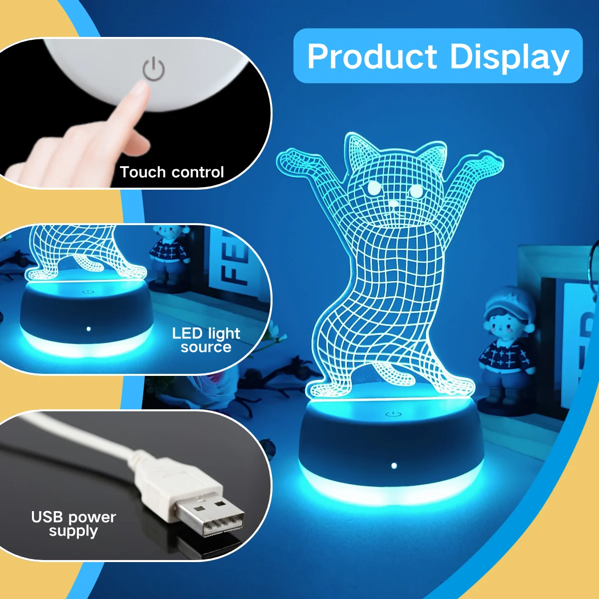 1pc Creative Cute Hand up Kitten 3D Seven Color Gradient Night Light, USB Powered Luminous Base, A Good Ideal Gift.