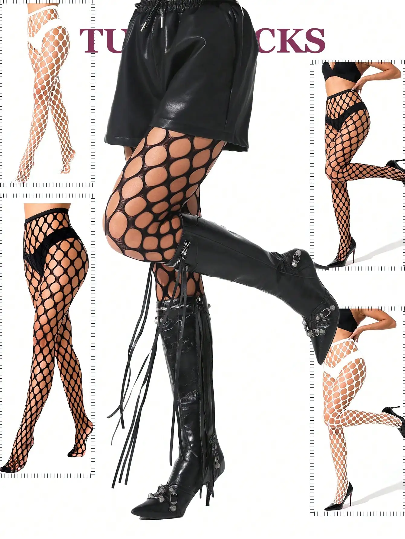

Women's High Waist Fishnet Stockings - Black & White Mesh Tights for Fashion, Club, or Costume