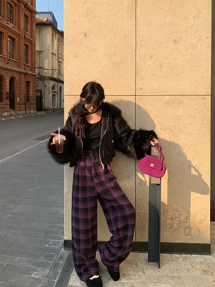 Women Plaid Sweatpants Harajuku Streetwear Fashion Y2k High Waist Oversize Purple Pants Vintage Wide Trouser 2000s Clothes 2024