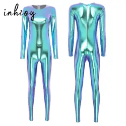 Womens One Piece Long Sleeves Full Body Gymnastics Ballet Dance Leotard Jumpsuit Shiny Metallic Bodusui Dance Costumes Clubwear