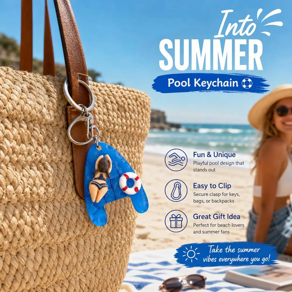 3D Swimming Pool Keychain Resin Swimmer Lifebuoy Key Ring Creative Summer Beach Bag Charm Pendant Holder for Backpack Keys Gift