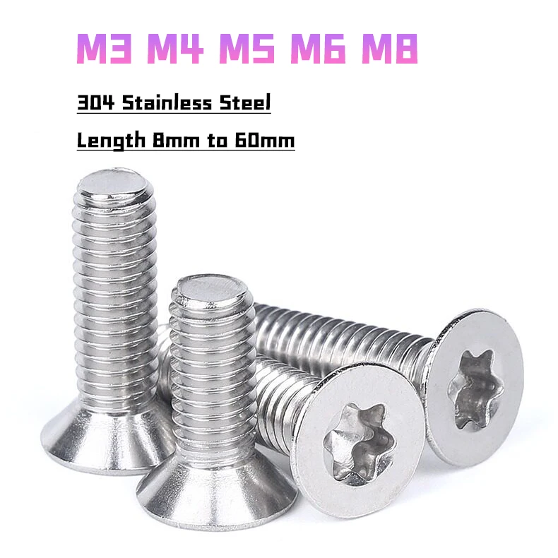 Peijian 2/5/10/20pcs M3 M4 M5 M6 M8 Gb2673 304 Stainless Steel Six-lobe Torx Flat Countersunk Screw Bolt Length 8mm To 60mm