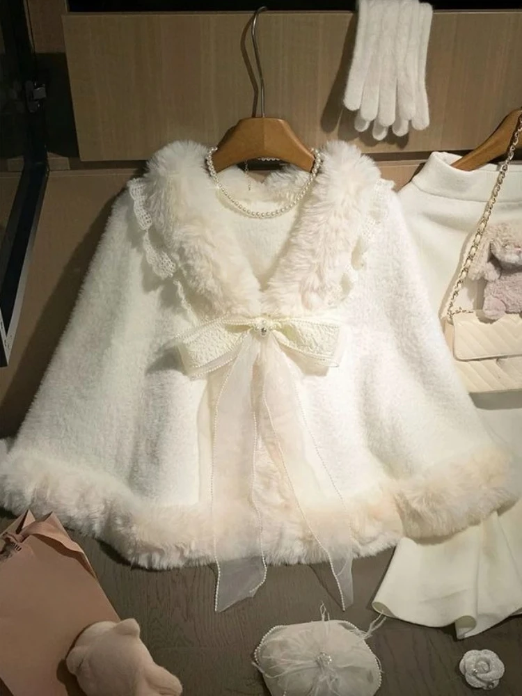 French Fashion Bow Cape Coat Women Japanese Sweet Elegant Design Cloak Overcoat Winter Fur Collar Patchwork Warm Coat 2025 New
