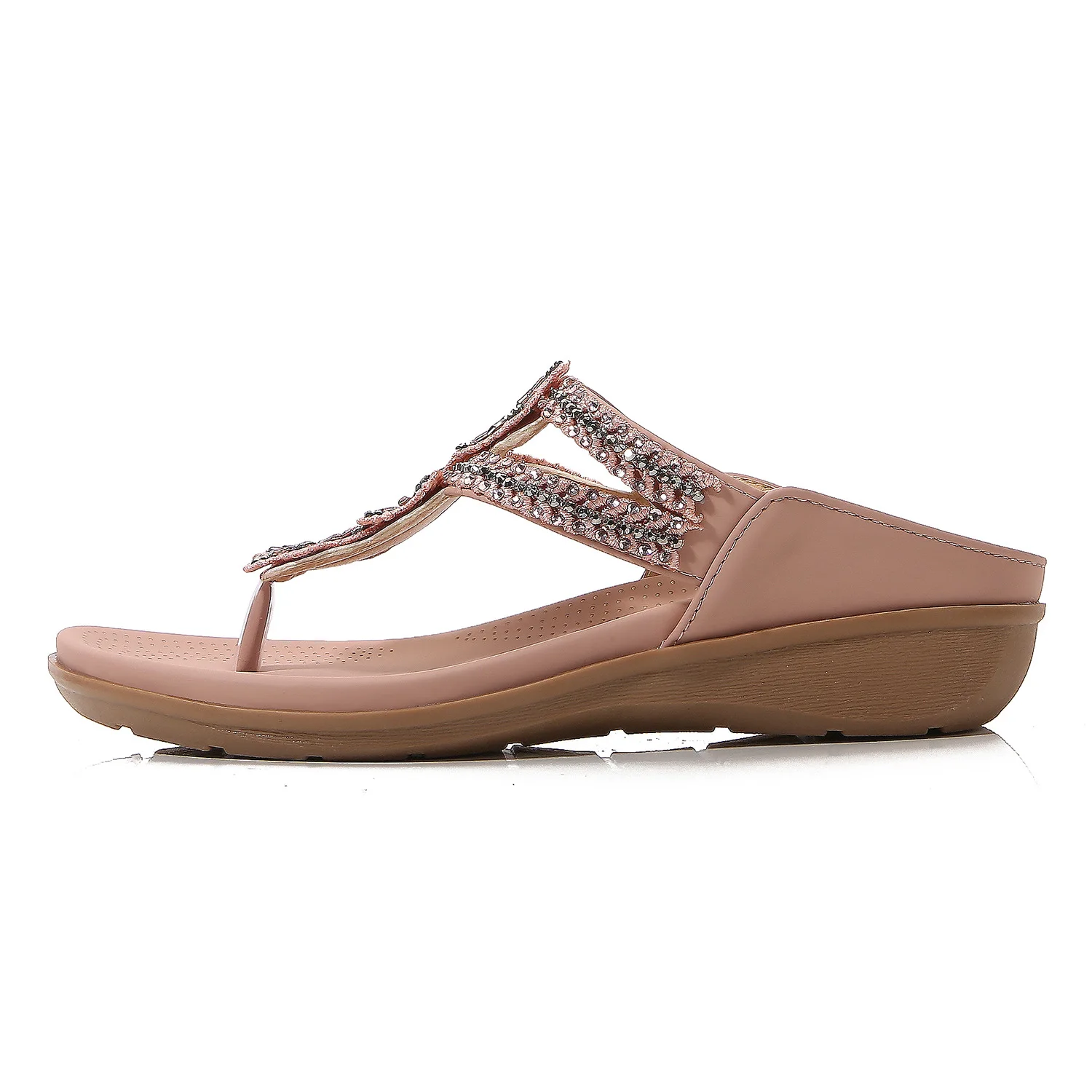 Sandalias informales de PU para mujer, zapatos romanos de plataforma, suaves y antideslizantes, con cuentas de diamantes ostentosos, estilo bohemio, para verano, 2024