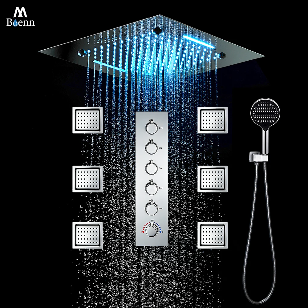 

M Boenn Chrome Shower Set Smart Thermostat Diverter Bathroom Shower Faucet Ceiling Square Shower Head Rainfall Massage Body Jet