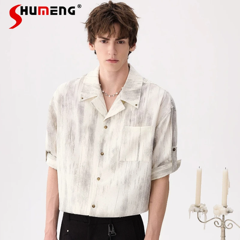 

2026 Summer New Fashion Men's High-end Comfort Suit Collar Short-sleeve Chic Shirts Stylish Loose Trend Shirts Male Tie-dye Tops