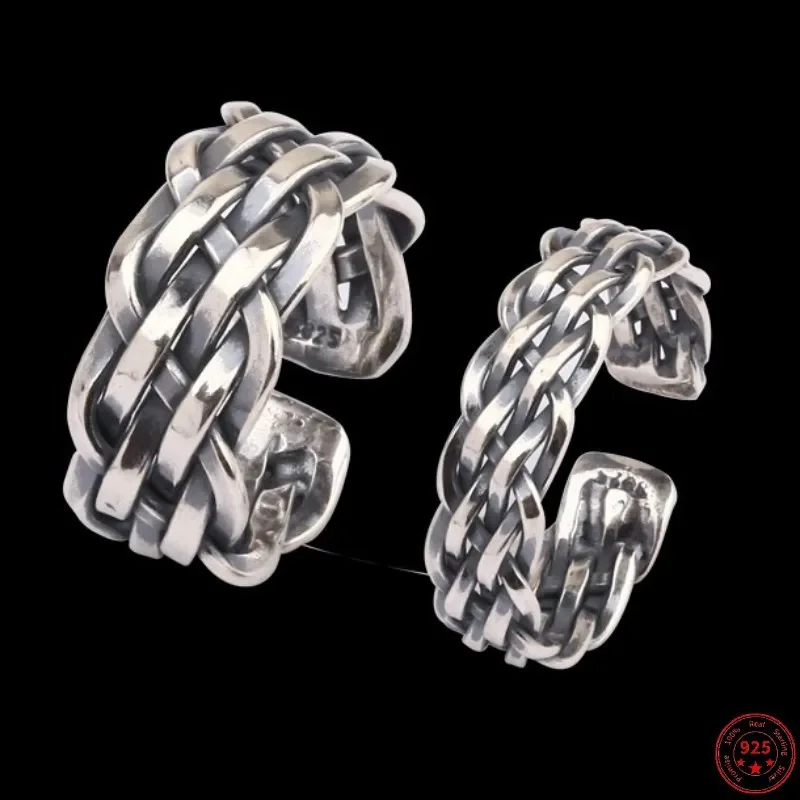 

Genuine Real s925 sterling silver rings for women men new fashion simple vintage rope weave pattern adjustable size punk jewelry