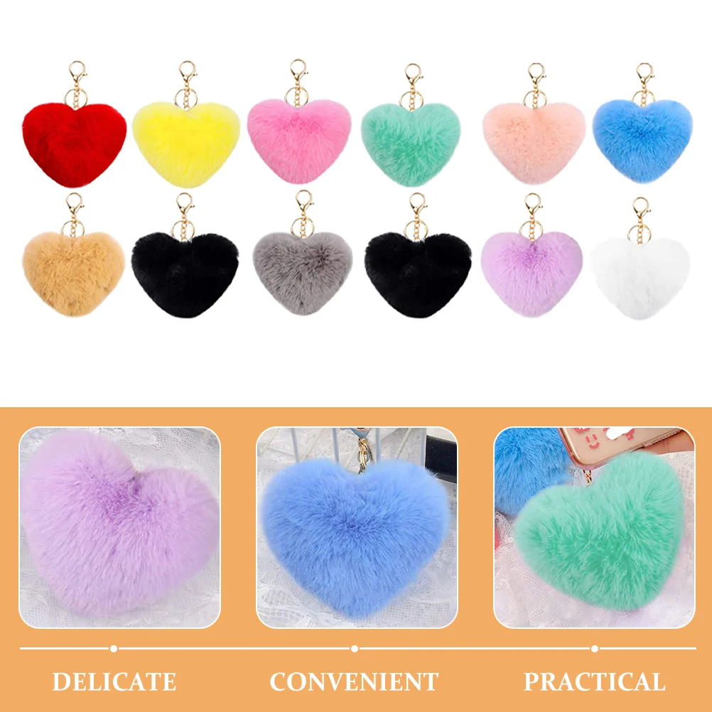 12 Pcs Fur Ball Keychain Puff Pom Decorative Heart Adorable Bag Pendant Accessories Bow Tie Miss