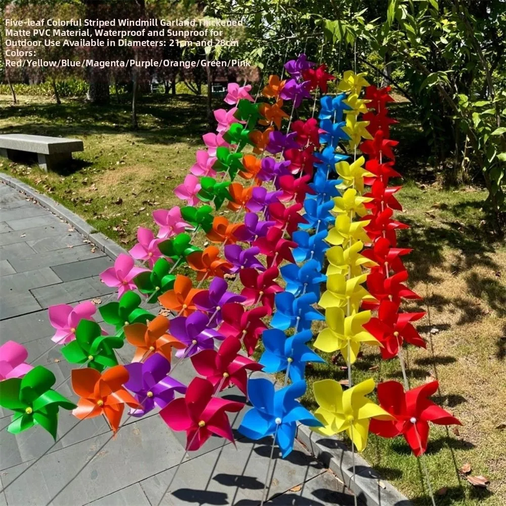 10pcs/set with Rope Strings Colorful Arch Corridor Windmill Solid Color with Steel Wire Rope 5 Leaves Pinwheels Handmade Plastic