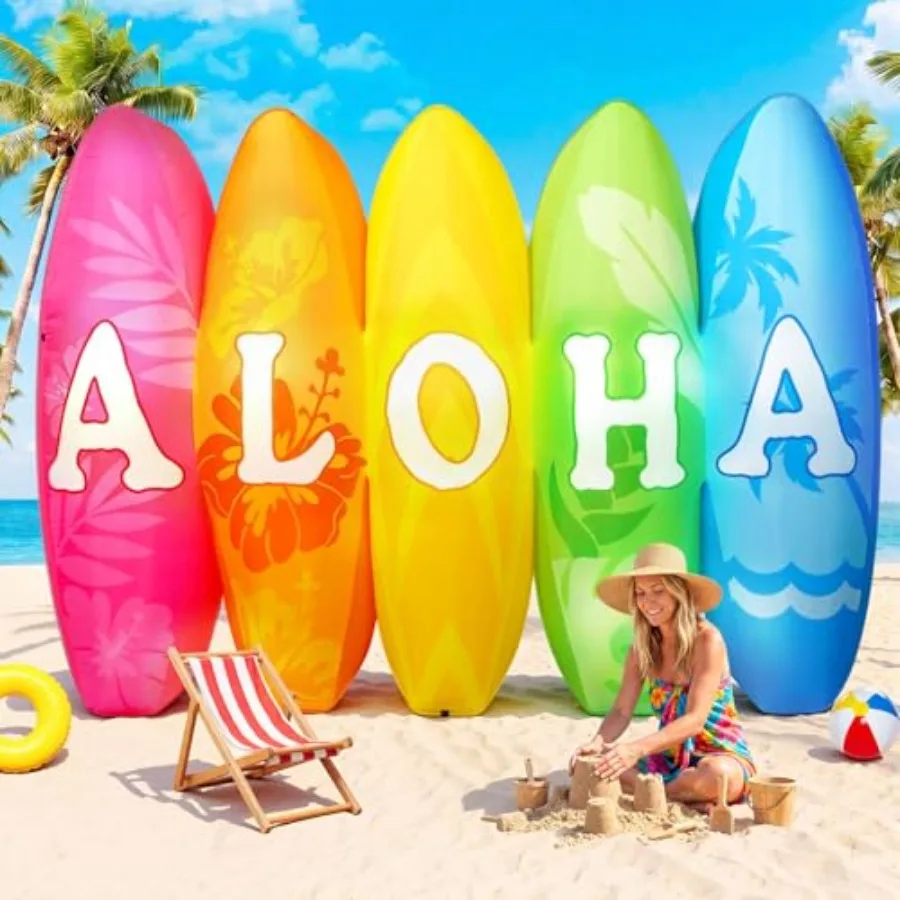 

5 ft Summer Inflatable Outdoor Decor Giant Aloha Surfboards with Built-in LED Lights Large Size Blow up Hawaiian Surfboards Pho