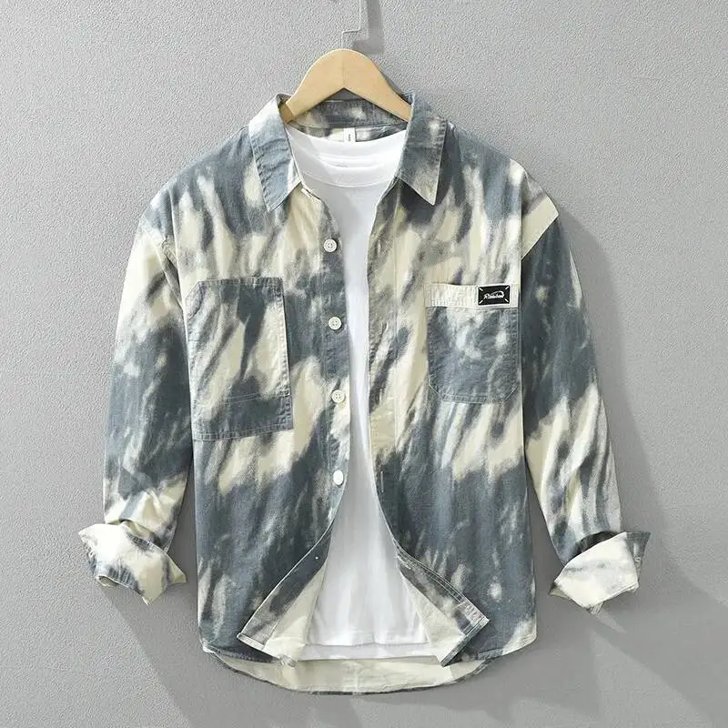 # 4475 Batik-Bedruckte Hemden für Herren 100% Baumwolle Vintage Streetwear Hemden Langarm Oberbekleidung Herrenhemden Locker Sitzend Frühling Herbst