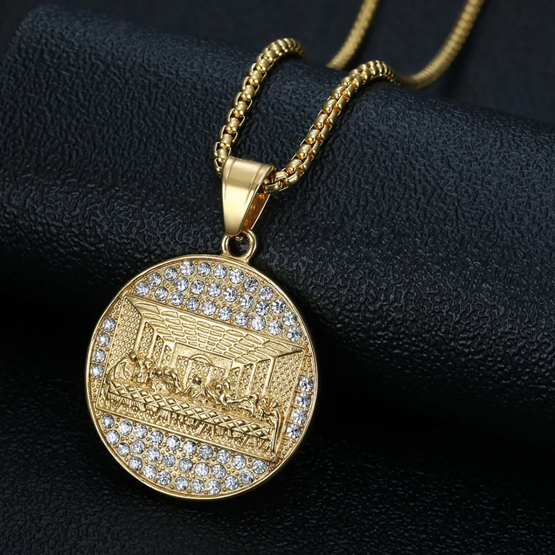 Religion The Last Supper Pendant Gold Silver Color Stainless Steel Tennis Chain Zirconia Round Necklace for Woman Man Jewelry