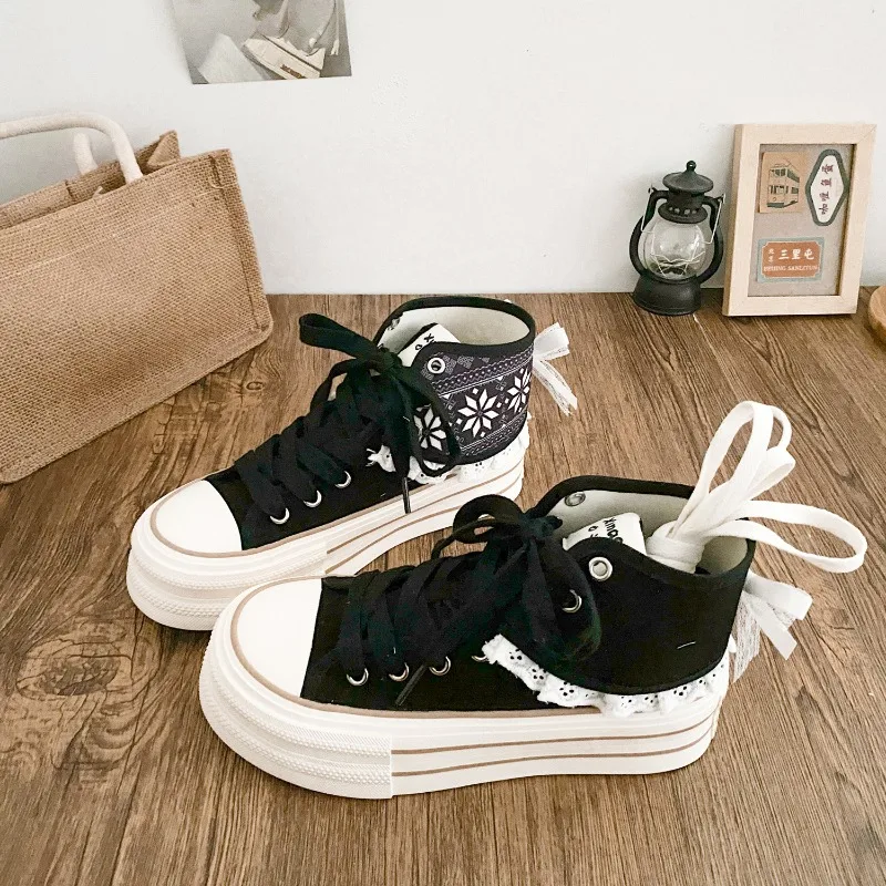 

New Women High Top Canvas Board Shoes Outer Flanged Sneakers Dual Purpose Short Boots Thick Outsole Height Increased Lace Up