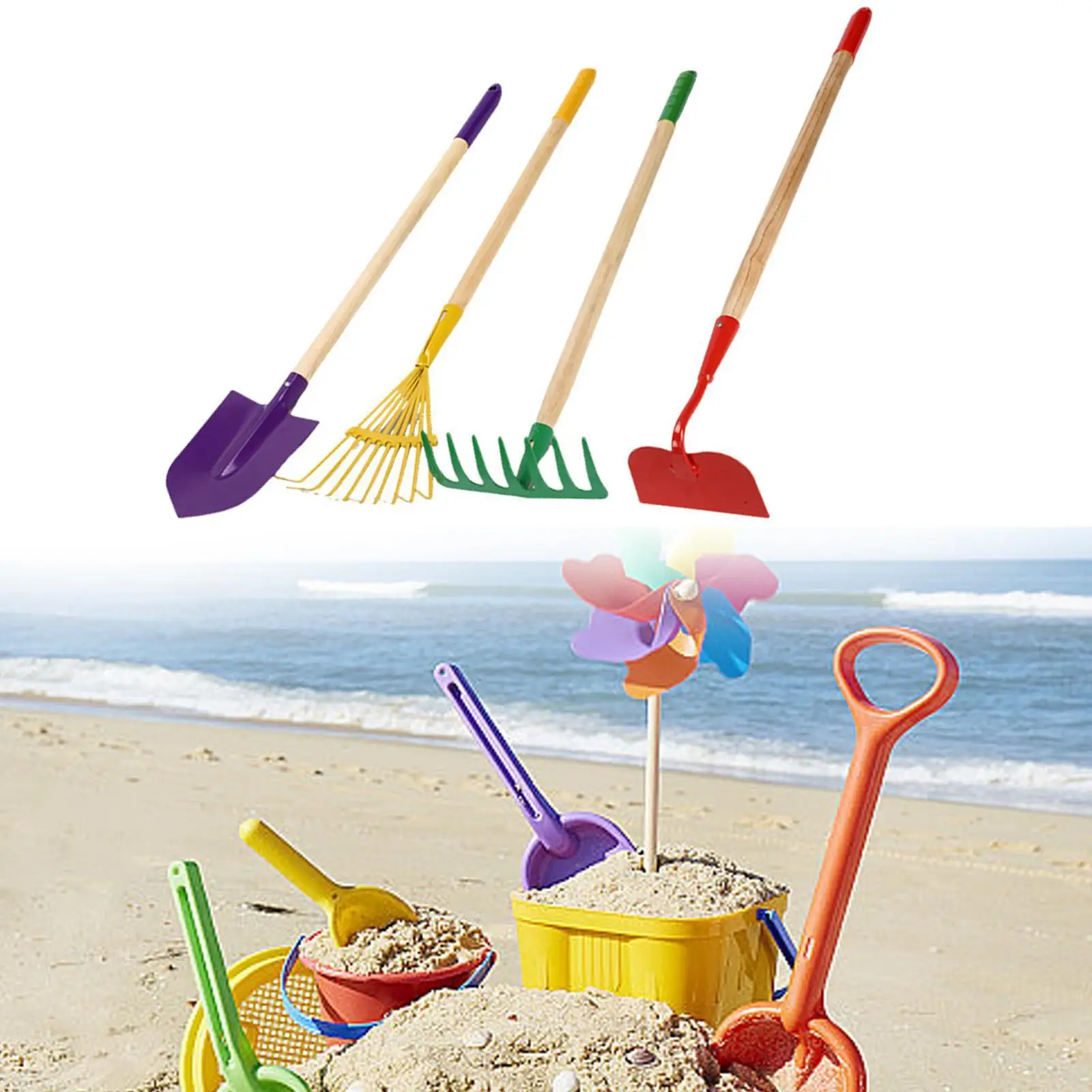 4 Pieces Kids Gardening Tools Rake Spade Hoe Set Indoor Outdoor Plants Hand Trowel Beach Sand Toys Compact Easy to Use