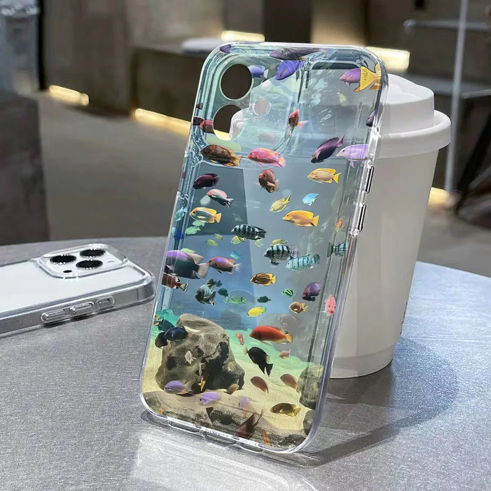 Transparente Fisch bemalte Handyhülle für iPhone 11 13 15 16 Pro Max 14 12 16promax 15promax Weiche Silikon stoßfeste Funda-Abdeckung