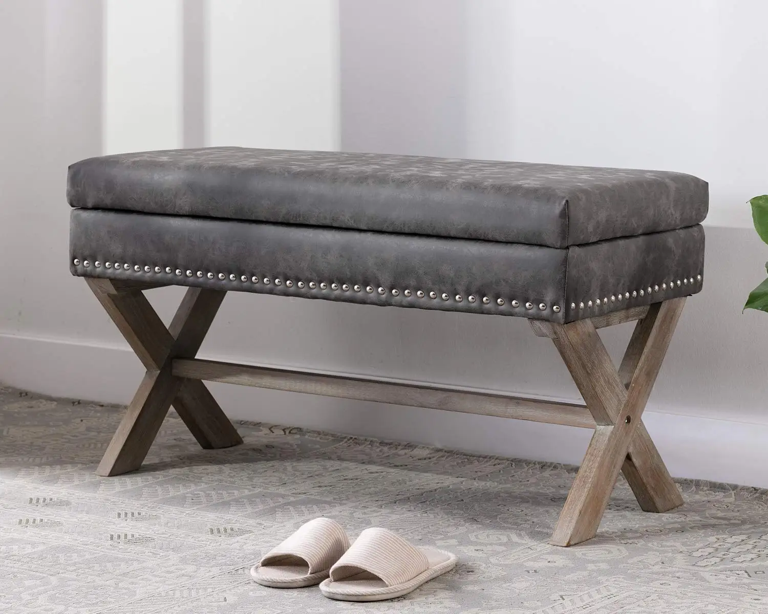 

PU Leather Upholstered Storage Entryway Bench, 36 inch Bedroom Bench Seat with X-Shaped Wood Legs for Living Room,, Customized